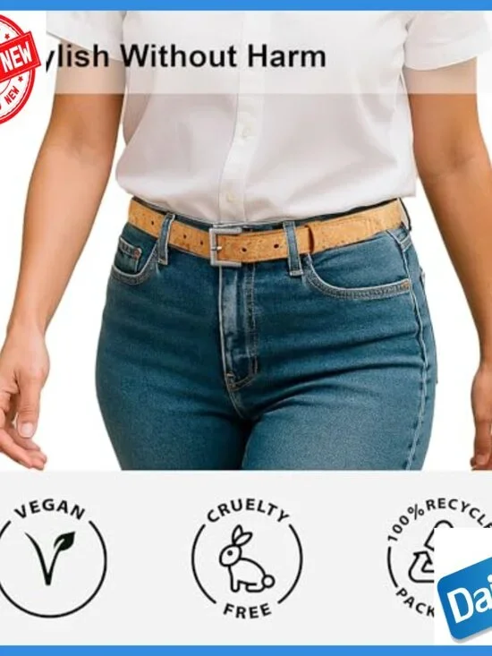 Slim 1 Inch Vegan Cork Belt with Nickel-Free Buckle, Size M - Picture 2 of 6